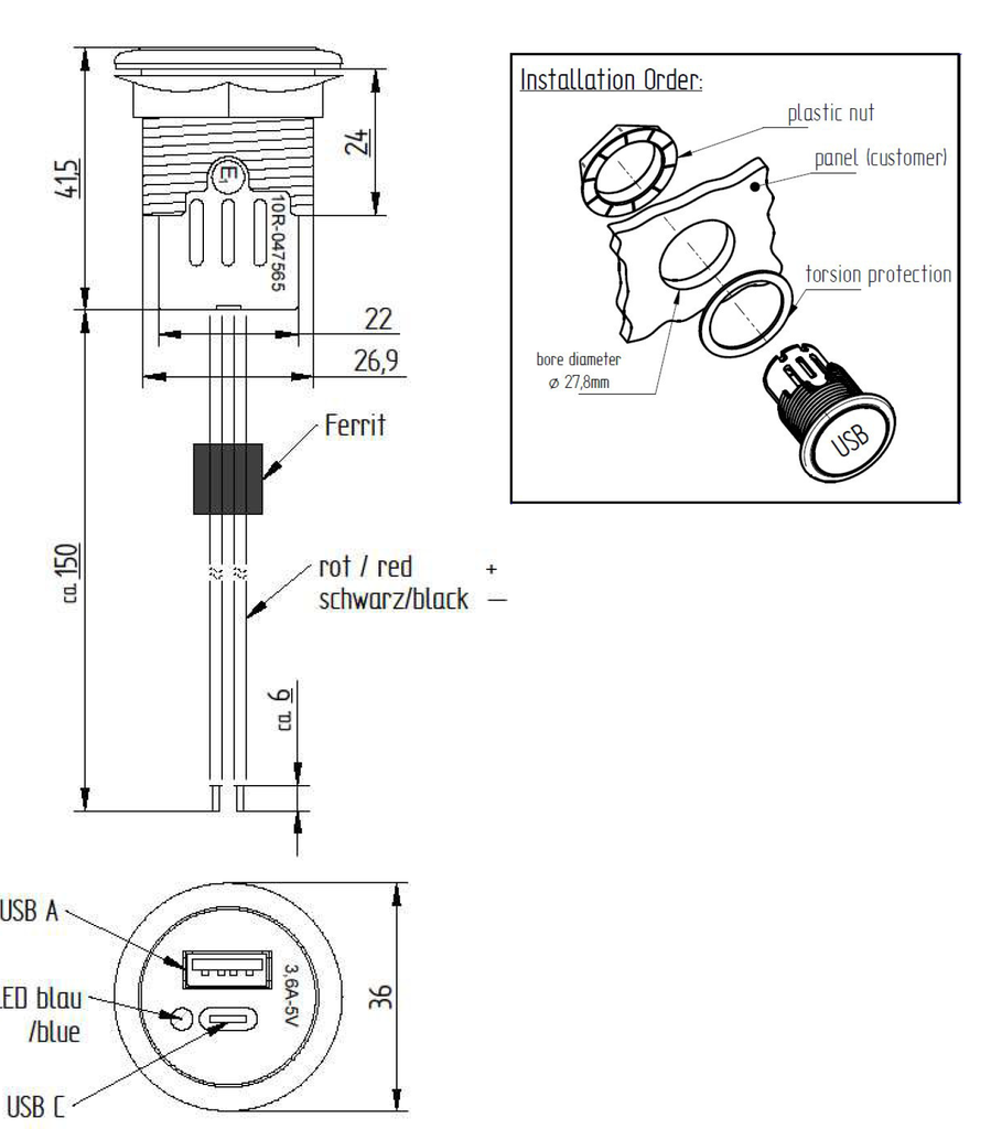 Philippi USB latauspistoke 3,4A (pikalataus) USB-A ja USB-C
