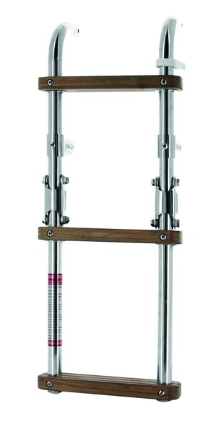 Vetus 3-askelmaiset haponkestävät taittuvat uimatikkaat. Pituus 570 mm avattuna, teak-askelmat