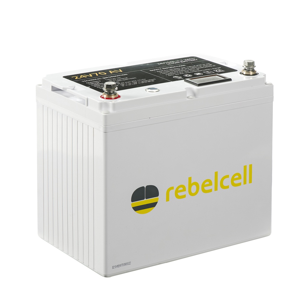 Rebelcell Li-Ion akku, 24V70A (1700 Wh). Paino n. 9kg. Jännite/varausnäyttö