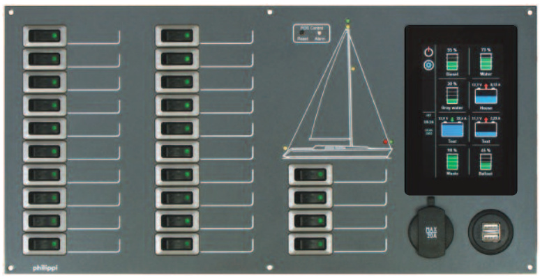 Philippi sähkötaulu STV 284 24kpl 10A ja PSL PBUS monitori, ja USB latauspistokkeet