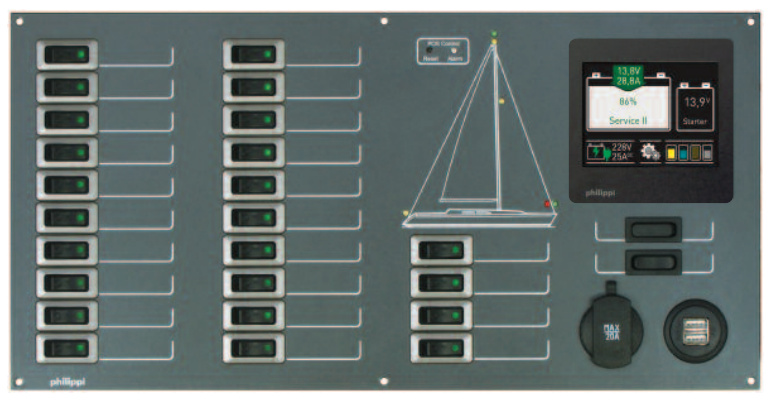 Philippi sähkötaulu STV 244 24kpl 10A sulaketta, BTM monitori ja USB latauspistokkeet