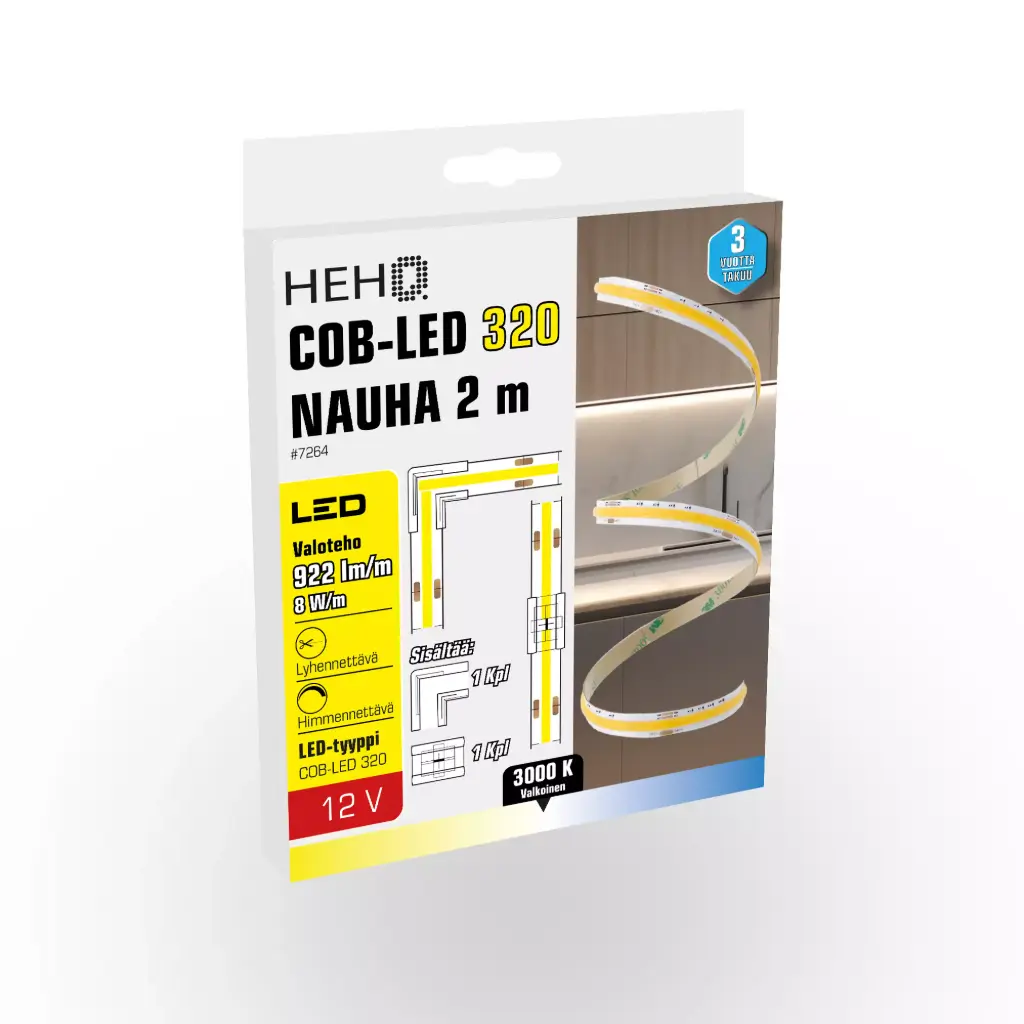 COB 320 LED-valonauha 2 m, 922 lm/m, 8 W/m, 3000 K, 12 V